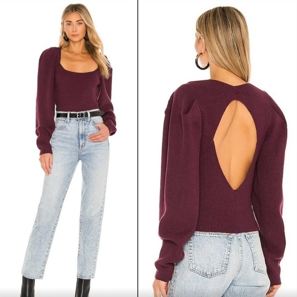 Free People Pomegranate Wine Open Back Puff Sleeve Knit Top Sweater XL - Picture 1 of 9